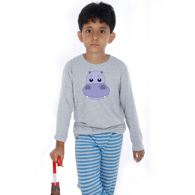 Grey Full Sleeve Boys Pyjama - Hippo Boy